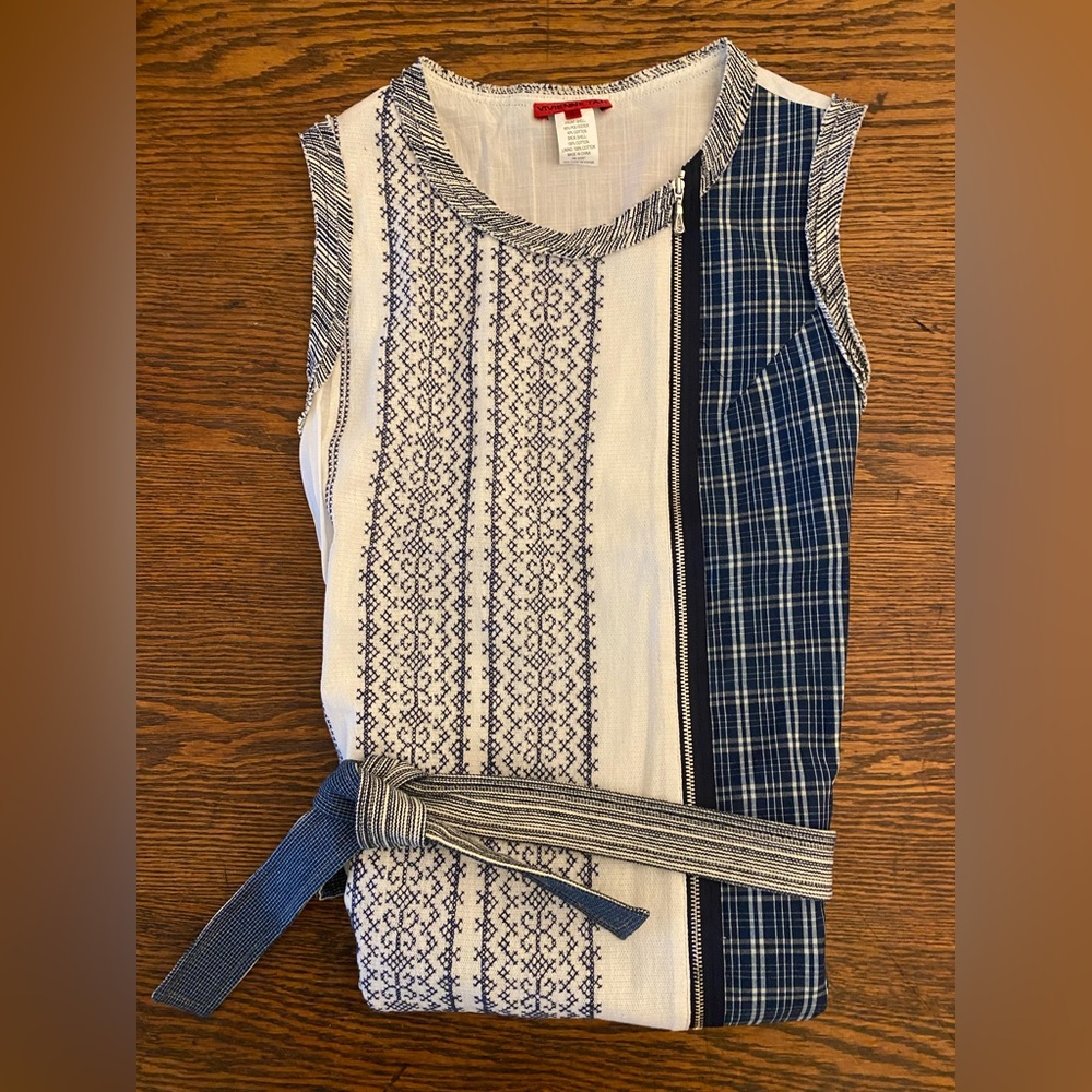 Vivienne Tam casual blue and white plaid and print dress. - Picture 3 of 11